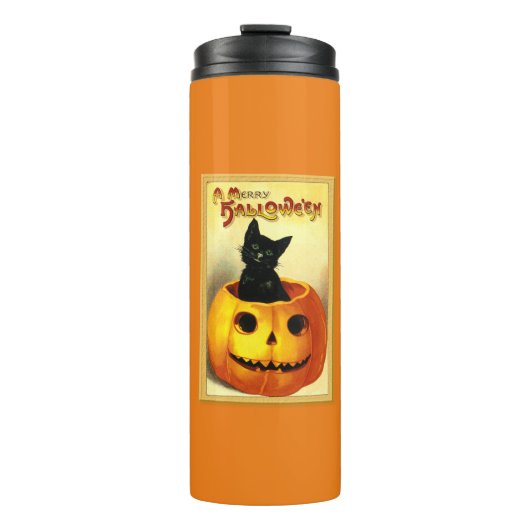 Halloween Kitty zittend in Jack O Lantern Thermosbeker (Voorkant)