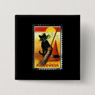 Halloween Kitty Zittende Heksenhoed Vierkante Button 5,1 Cm