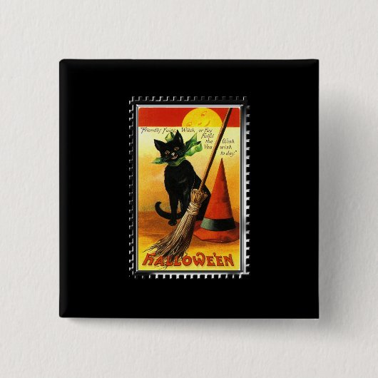 Halloween Kitty Zittende Heksenhoed Vierkante Button 5,1 Cm (Voorkant)