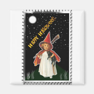 Halloween - Klein meisje met bezem en zwarte kat Magneet