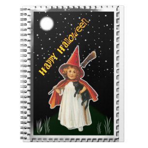 Halloween - Klein meisje met bezem en zwarte kat Notitieboek