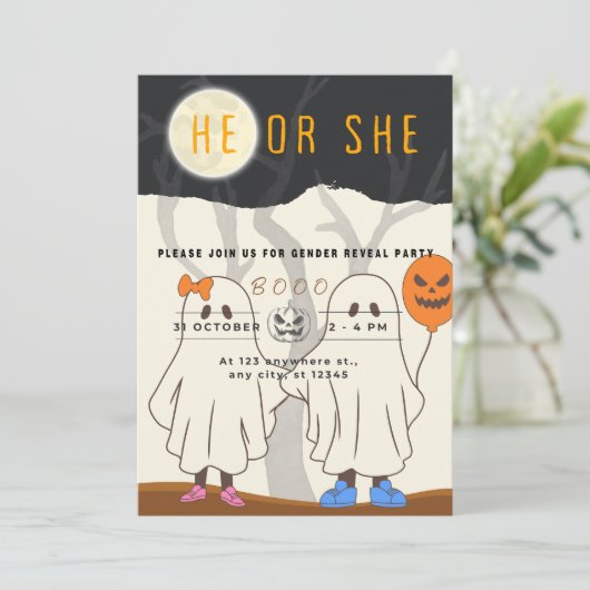 Halloween kleine boe hij of zij uitnodiging (Staand voorkant)