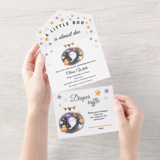 Halloween kleine spook Paarse Oranje Baby shower All In One Uitnodiging (Afscheurbaar)