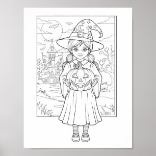 Halloween kleurplaat - Een meisje met pompoen Poster