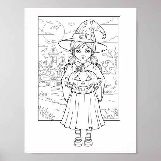 Halloween kleurplaat - Een meisje met pompoen Poster (Voorkant)