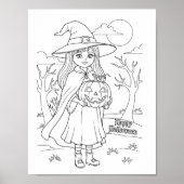 Halloween kleurplaat - Een meisje met pompoen Poster (Voorkant)