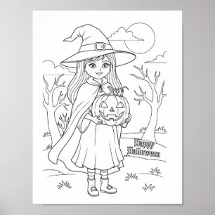 Halloween kleurplaat - Een meisje met pompoen Poster