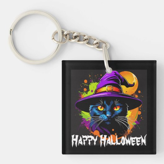 Halloween Kleurrijke Majestic Zwarte Kat Sleutelhanger (voorkant)