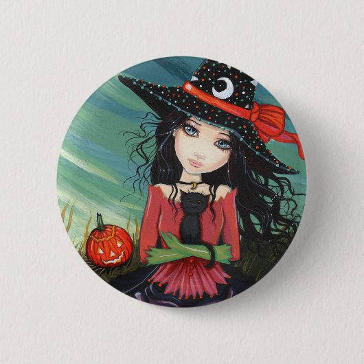 Halloween Knop Speld Heks Kat Kunst Ronde Button 5,7 Cm (Voorkant)