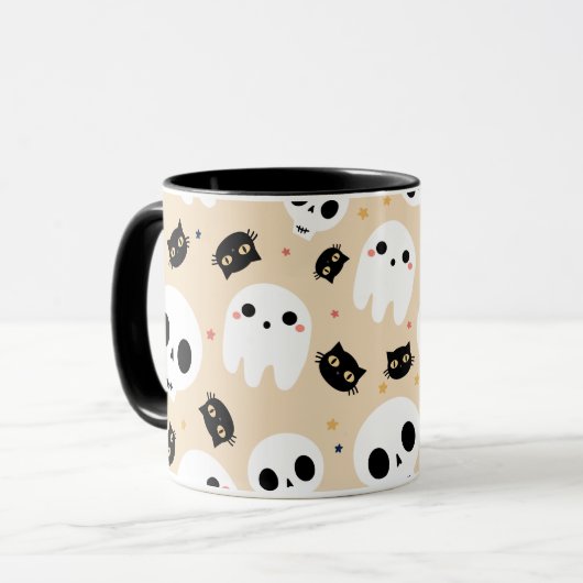 Halloween koffie Mok met schedel spook en kat (Voorkant links)