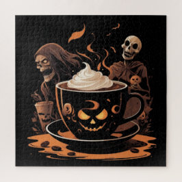 Halloween-koffiekunst – enge latte met skeletten legpuzzel
