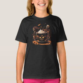 Halloween-koffiekunst – enge latte met skeletten t-shirt