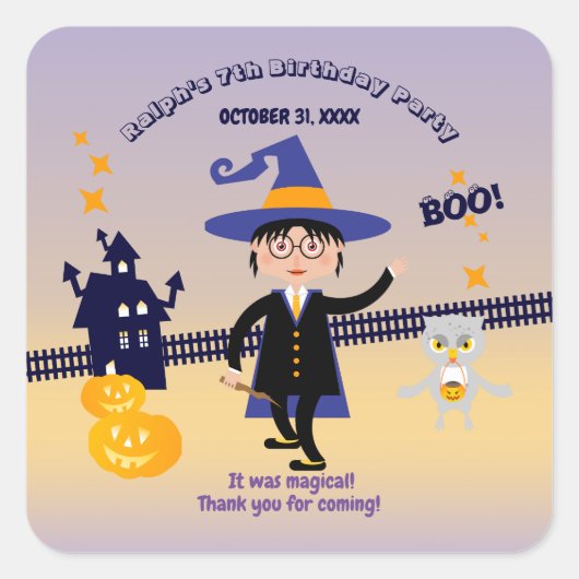 Halloween Kostuum Boy Wizard Verjaardagsfeest Vierkante Sticker (Voorkant)
