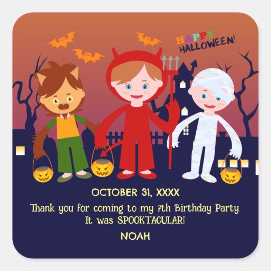 Halloween Kostuum Jongen Verjaardagsfeest Vierkante Sticker (Voorkant)