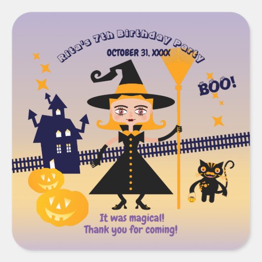Halloween kostuum meisje heks verjaardagsfeestje vierkante sticker (Voorkant)