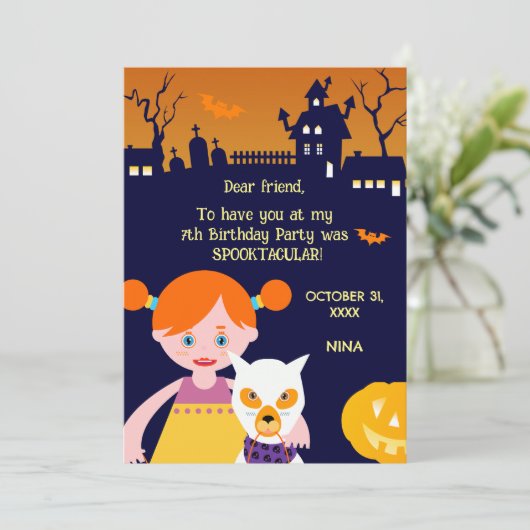 Halloween kostuum meisje verjaardagsfeestje bedankkaart (Staand voorkant)