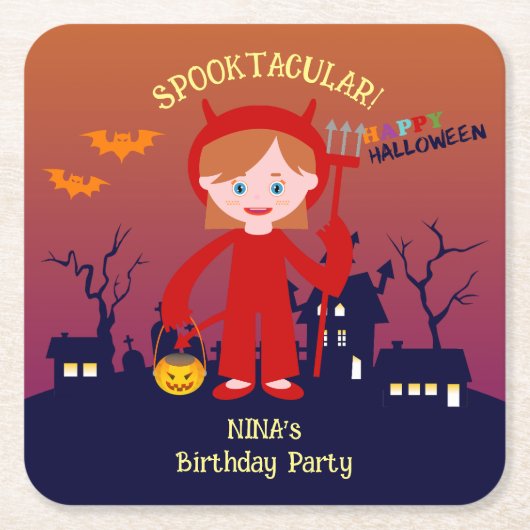 Halloween kostuum meisje verjaardagsfeestje kartonnen onderzetters (Voorkant)