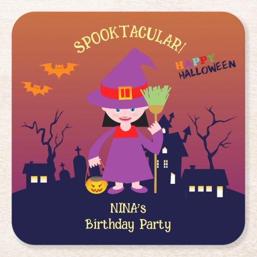 Halloween kostuum meisje verjaardagsfeestje kartonnen onderzetters (Voorkant)