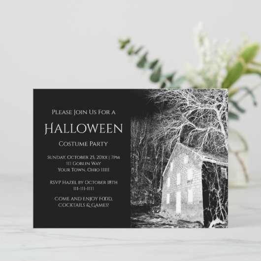 Halloween Kostuum Party Spookhuis Zwart Wit Kaart (Staand voorkant)