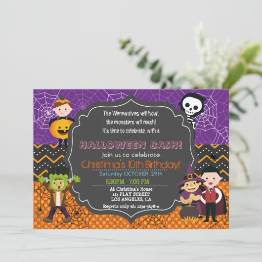 HALLOWEEN KOSTUUM VERJAARDAG UITNODIGING (Staand voorkant)