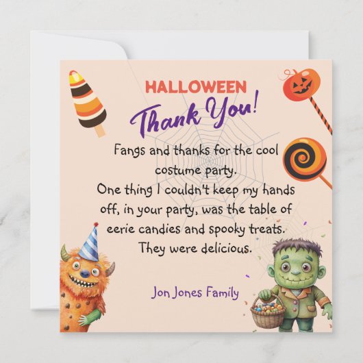 Halloween Kostuumfeest Monsters griezelig plezier  Bedankkaart (Achterkant)