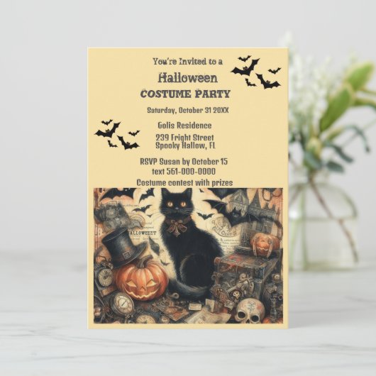 Halloween Kostuumfeest Vintage Zwarte Kat  Kaart (Staand voorkant)