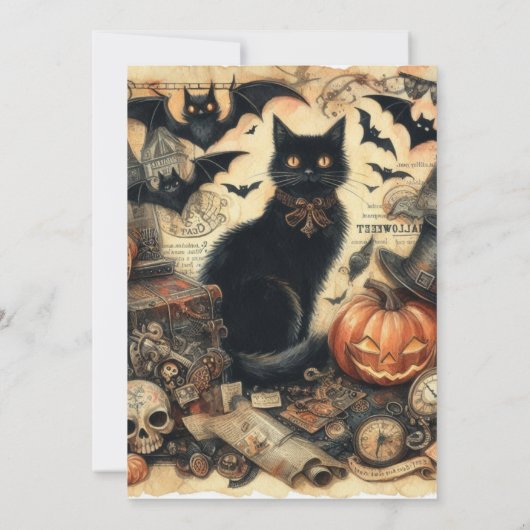 Halloween Kostuumfeest Vintage Zwarte Kat  Kaart (Achterkant)
