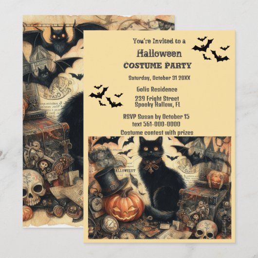 Halloween Kostuumfeest Vintage Zwarte Kat  Kaart (Voorkant / Achterkant)