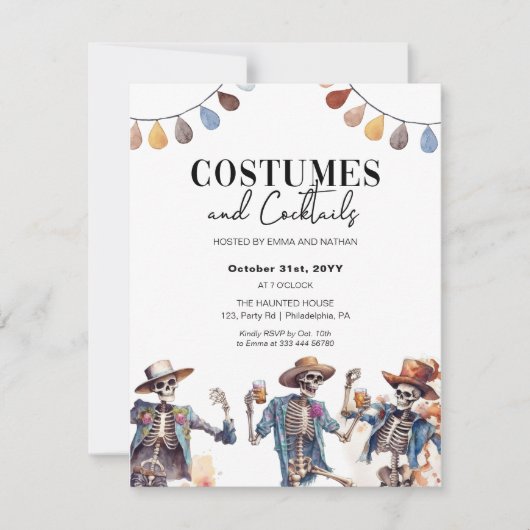 Halloween Kostuums en Cocktails Skeleton invitati Aankondiging (Voorkant)