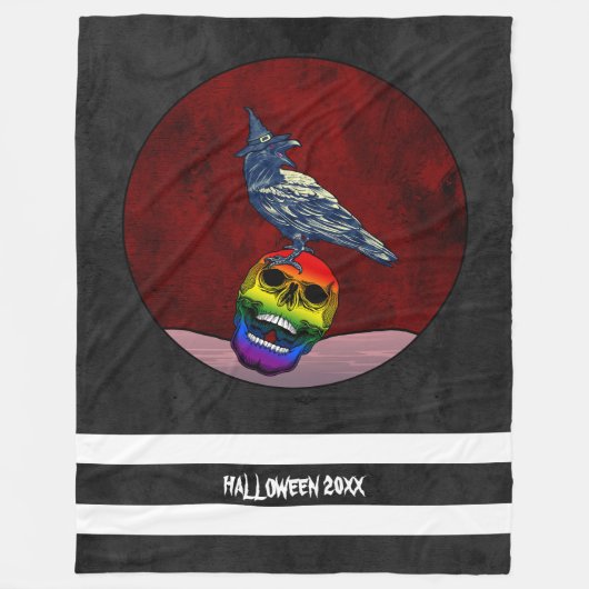 Halloween Kraai op Schedel in Regenboog Vlag Kleur Fleece Deken (Voorkant)