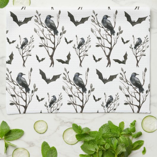 Halloween kraaien vleermuizen zwart en wit Waterve Theedoek (Gevouwen)