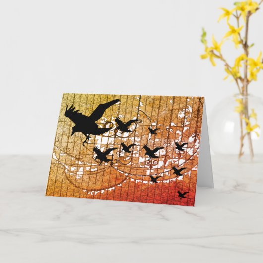 Halloween Kraaien vliegen door brandend spookkaste Kaart (Gele Bloem)