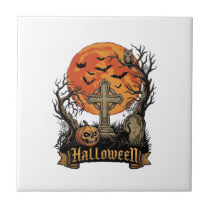 Halloween Kruis Grafsteen Schedel Pompoen Zwarte K Tegeltje