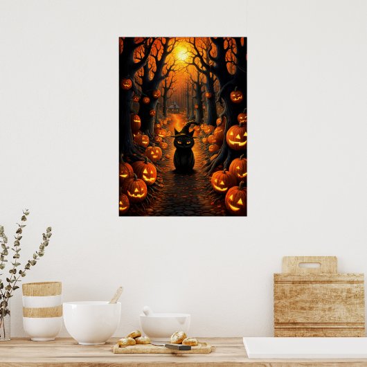 Halloween kunst heks kat poster (Keuken)