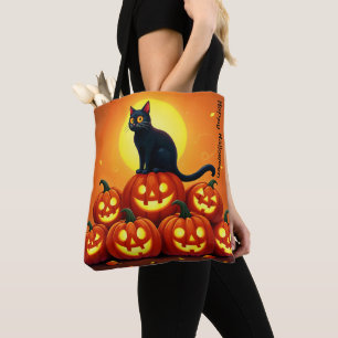 Halloween kunst met kat en volle maan tote bag