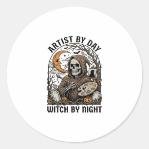Halloween Kunstenaar Heks Vintage Gravure Kunst T- Ronde Sticker