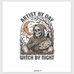 Halloween Kunstenaar Heks Vintage Gravure Kunst T- Sticker