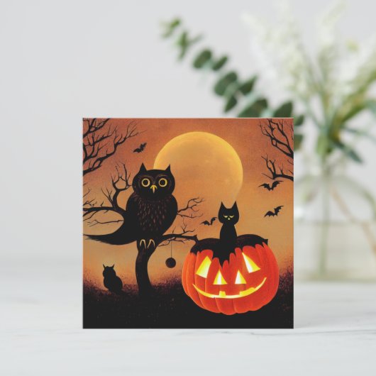Halloween Kürbis, Eule und Katze bei Nacht. Kaart (Staand voorkant)