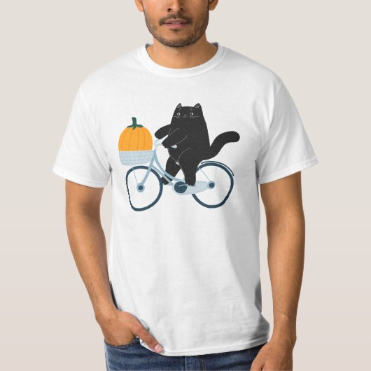 Halloween Kürbis Katze auf Fahrrad T-shirt (Voorkant)