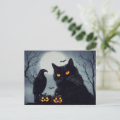 Halloween Kürbisse Katze und Rabe bei Vollmond. Briefkaart (Staand voorkant)