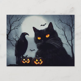 Halloween Kürbisse Katze und Rabe bei Vollmond. Briefkaart