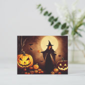 Halloween. Kürbisse und Hexe bei Vollmond. Briefkaart (Staand voorkant)