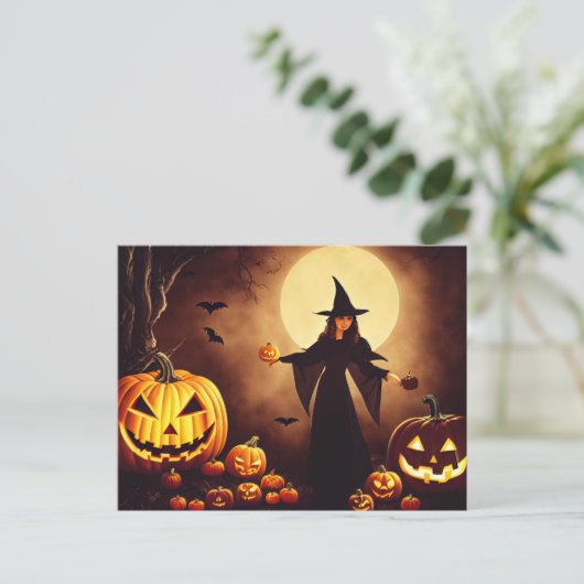 Halloween. Kürbisse und Hexe bei Vollmond. Briefkaart (Staand voorkant)