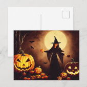 Halloween. Kürbisse und Hexe bei Vollmond. Briefkaart (Voorkant / Achterkant)