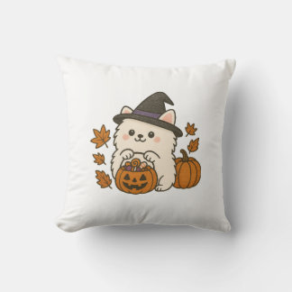 Halloween Kussen – Pomeranian met Heksenhoed