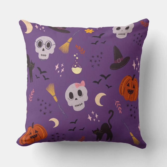 Halloween Kussen – Schedels, Pompoenen, Katten (Voorkant)