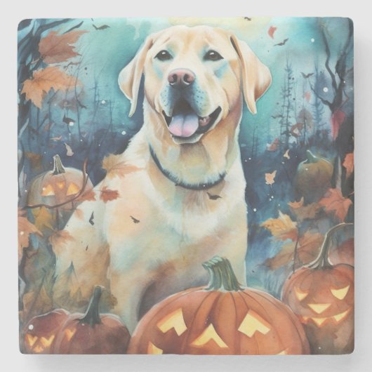 Halloween Labrador met pompoenen eng Stenen Onderzetter (Voorkant)