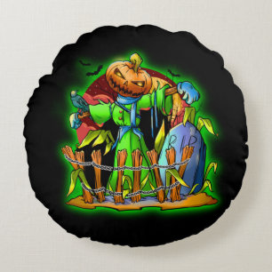 Halloween Lady Scarecrow Pumpkin Head RIP Bats Rond Kussen