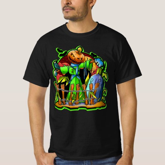 Halloween Lady Scarecrow Pumpkin Head RIP Bats T-shirt (Voorkant)