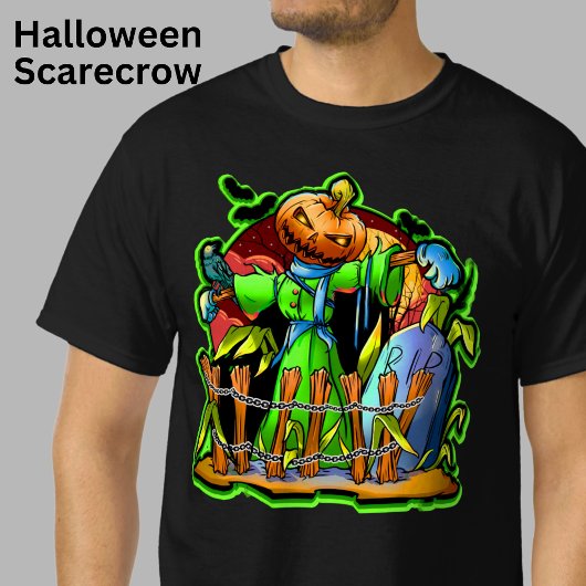 Halloween Lady Scarecrow Pumpkin Head RIP Bats T-shirt